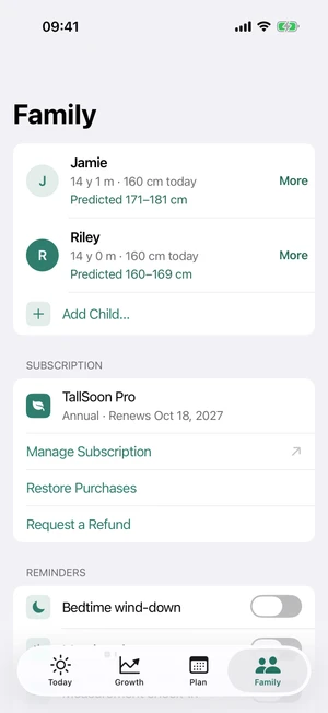 TallSoon Family screen showing a fictional child profile and app settings.