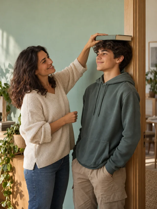 A mother and her teenage child sharing a smile while measuring height at a doorframe.